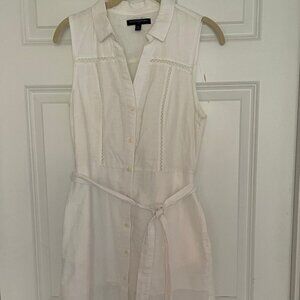 BR white linen sleeveless shirt dress with embroidered detail and tie belt